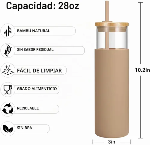 Vista 2 de Tronco Vaso de vidrio de 28 onzas con tapas y pajilla, taza reutilizable para café helado y vaso para batidos con tapa de bambú, funda de silicona