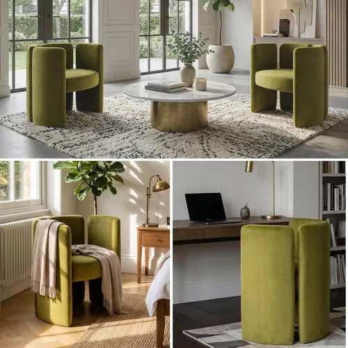 Vista 8 de Silla de terciopelo con diseño de barril, sillas auxiliares, color verde oliva
