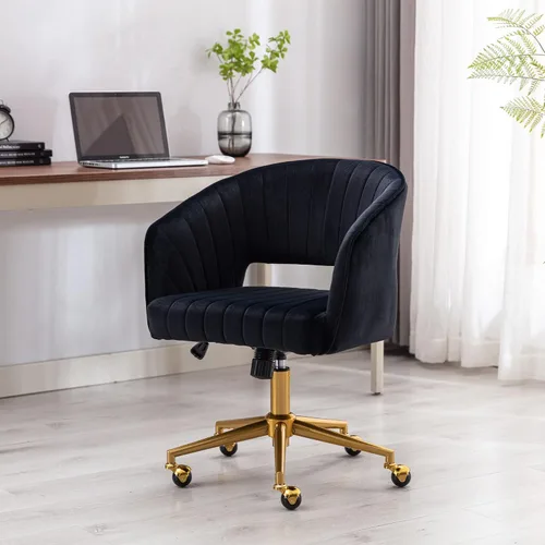 Vista 9 de Silla de oficina para el hogar, silla giratoria de terciopelo para escritorio, sillón de acento tapizado, sillas modernas capitoneadas con base Negro