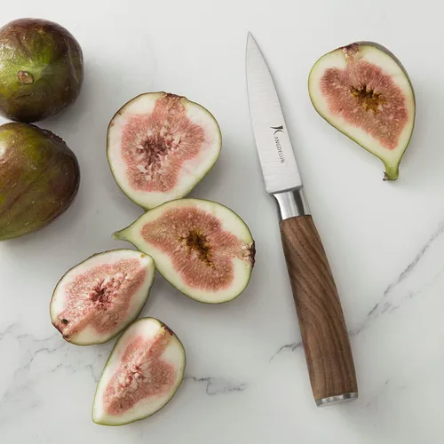 Vista 3 de kangdelun Ultra Sharp - Juego de cuchillos de chef de 4 piezas, acero inoxidable de alto carbono, asas de madera de fresno marrón torreficado, caja