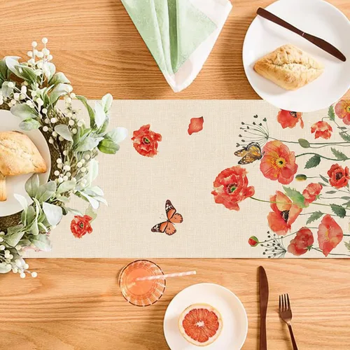 Vista 3 de Seliem Camino de mesa de flores de amapola roja primaveral, acuarela patriótica floral mariposa para el hogar, cocina, decoración botánica, día