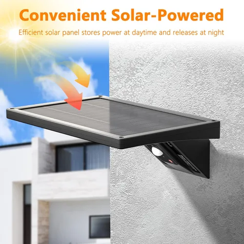 Vista 2 de Lámpara de pared solar para exteriores, 1050 lm IP65 impermeable tipo 2, lente óptica 104 LED, 3 modos de iluminación, luz de pared con sensor