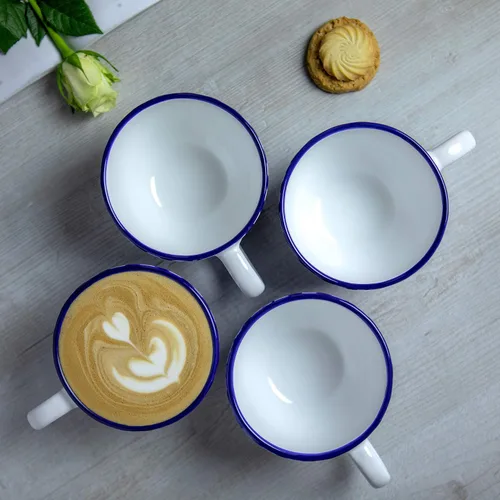Vista 5 de City to Cottage Taza de cerámica hecha a mano, diseño de rayas azul marino, extra grande de 17.5 onzas, capuchino de cerámica, café, té, taza