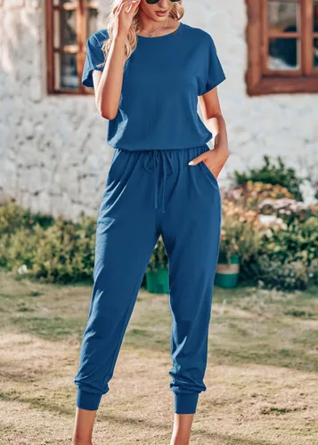 Vista 5 de KIRUNDO Overol casual de verano para mujer, de manga corta, cuello redondo, cordón, cintura elástica, con bolsillos