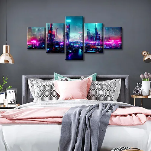 Vista 236 de Cuadros de 5 paneles de Cyberpunk City, arte de pared, representación de vallas publicitarias, edificios modernos en la capital con obras de arte