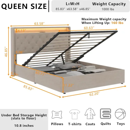 Vista 2 de Loomie Marco de Cama Queen Elevable con Estación de Carga y Luces LED, Cama Tapizada con Cabecera de Almacenamiento Capitoné con Respaldo Alto