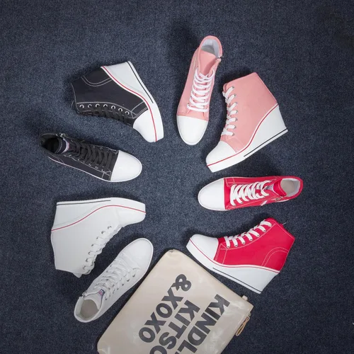 Vista 4 de Zapatos deportivos de cuña para mujer, plataforma de tacón alto, zapatos de lona con cordones y cremallera, zapatos de tenis de plataforma
