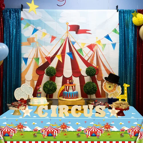 Vista 5 de Paquete de 4 manteles con temática de circo, 51 x 87 pulgadas, mantel rectangular desechable de plástico para carnaval, mantel a rayas rojas