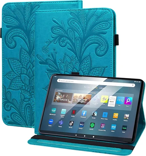 Vista 9 de Amazon Kindle Fire HD 8 8ª/7ª/6ª generación 2016/2017/2018, diseño de flores de encaje en relieve de piel sintética, a prueba de golpes, con soporte