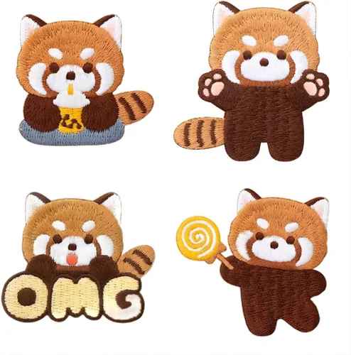 Vista 14 de Parche bordado de panda rojo de dibujos animados, autoadhesivas, parches de mapache pequeño, calcomanías de tela para coser sin costura para ropa