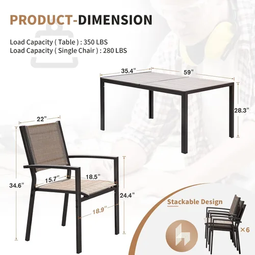 Vista 3 de Devoko Juego de comedor para patio, 7 piezas, muebles de exterior con mesa rectangular y 6 sillas apilables, juego de conversación familiar