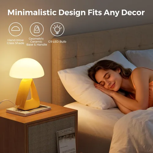 Vista 2 de Lámpara de hongo, pequeña lámpara de mesa para dormitorio, lámpara de noche creativa geométrica con base de cerámica, lámpara de mesa auxiliar