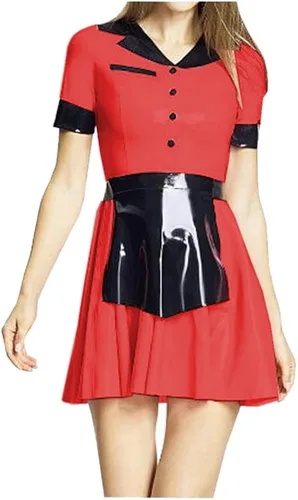 Vista 2 de Vestido de sirvienta francesa de cloruro de polivinilo brillante con cuello vuelto, vestido corto de manga corta con delantal, trajes de Halloween
