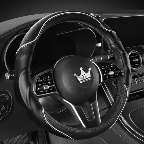 Vista 16 de HighnessHwoo Funda 3D para volante de automóvil, agarre cómodo, masaje deportivo, antideslizante, de fibra de carbono, piel sintética para sedán