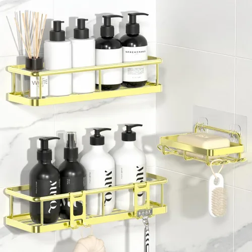 Vista 13 de YASONIC Organizador de ducha adhesivo, estantes de ducha a prueba de óxido para ducha interior, organizadores de baño de gran capacidad
