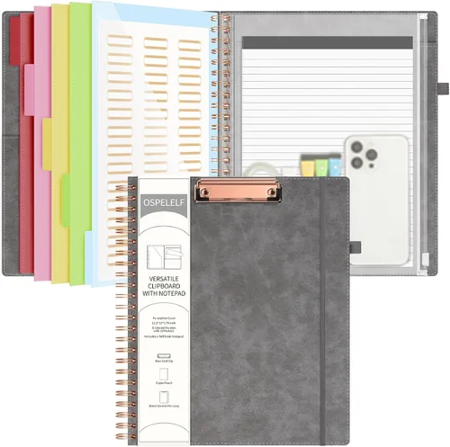 Vista 8 de Portapapeles de cuero Ospelelf con portafolio y bolsa con cremallera de almacenamiento, portapapeles espiral con bloc de notas para tamaño carta, 5