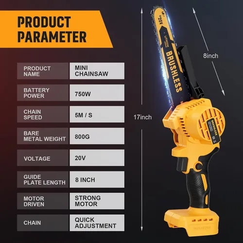 Vista 6 de Mini motosierra inalámbrica de 8 pulgadas para batería Dewalt 20V MAX alimentada por electricidad (SIN batería), motosierra eléctrica, motosierra
