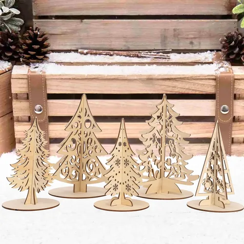 Vista 3 de Juego de manualidades de Navidad, árbol de Navidad 3D de madera, rebanadas de madera sin terminar para pintar, adornos de árboles de Navidad