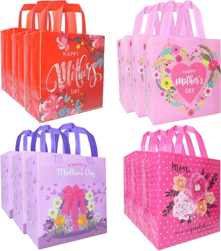 Vista 7 de HADDIY Bolsas de regalo para el Día de la Madre con asas, 16 bolsas de dulces florales no tejidas a granel para envoltura de regalos y recuerdo