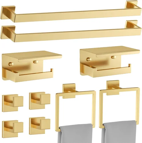 Vista 15 de Juego de accesorios de baño de 10 piezas en oro cepillado Juego de barra de toallas doradas, toallero/estante para baño, juego de accesorios de baño