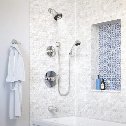 Vista 6 de Symmons 5506-1.5-TRM Elm - Bañera de 2 manijas y molduras de ducha de 5 pulverizaciones con ducha de mano de 3 pulverizaciones en cromo pulido