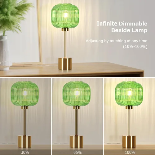 Vista 2 de Lámpara de mesa de cristal verde con 3 vías regulable y control táctil, lámpara de mesita de noche vintage moderna de mediados de siglo