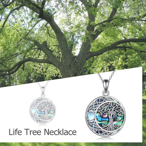 Vista 6 de ONEFINITY Collar de plata de ley 925 con diseño de árbol de la vida con colgante de nudo celta de concha de abulón para mujer