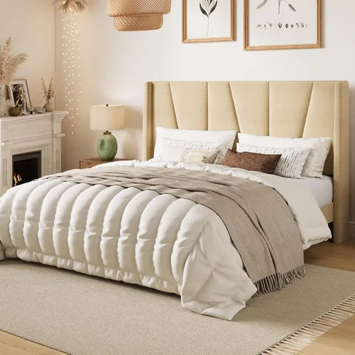 Vista 3 de SHA CERLIN Base de cama tamaño Queen con cabecera geométrica con respaldo de ala, plataforma tapizada con soporte de listones de madera, espacio