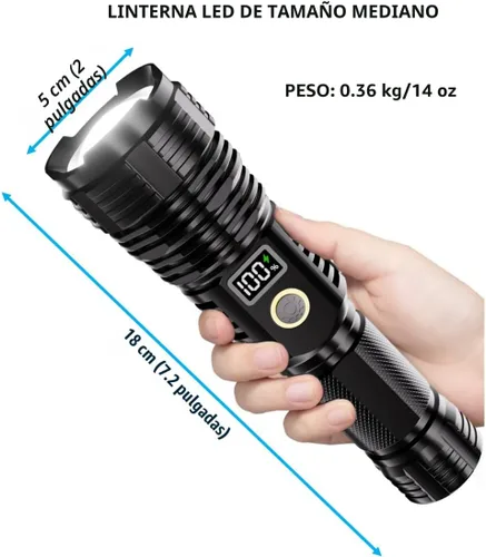 Vista 6 de Linternas recargables de alto lúmenes, 10000 lm LED súper brillante, linternas con zoom con pantalla digital LCD, 5 modos, impermeable, potente