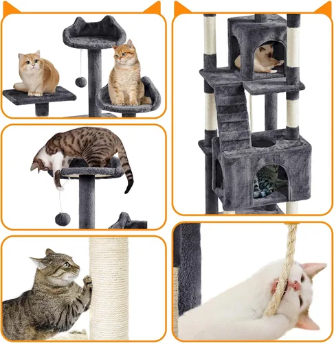 Vista 4 de Topeakmart Árbol de gato de 72 pulgadas para gatos de interior, torre de escalada de varios niveles con postes rascadores, 3 perchas, centro
