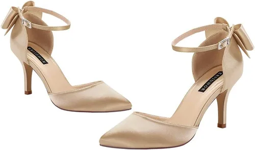 Vista 5 de ERIJUNOR Zapatos de fiesta de noche cómodos, tacones medios, con lazo y nudo al tobillo, anchos, zapatos de satén