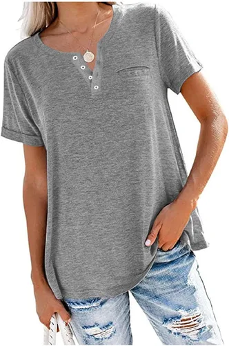 Vista 2 de Camisetas casuales de verano para mujer, camisetas de color sólido con cuello en V y botones, camisetas de manga corta, blusa suelta, camiseta básica
