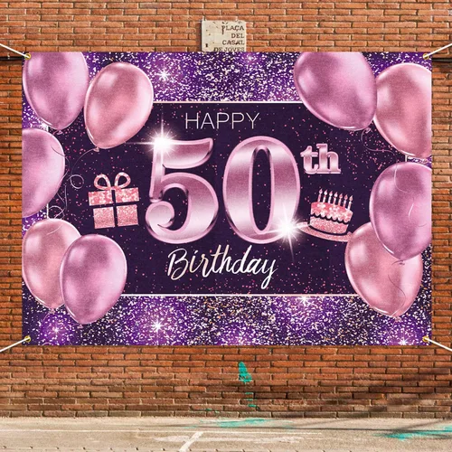 Vista 6 de pancarta grande rosa con texto en inglés “Happy Birthday