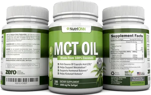 Vista 6 de NutriONN Aceite MCT, 3000 mg por porción, 180 cápsulas blandas, hecho de cocos 100% orgánicos, sin OMG, prensado en frío, cápsulas aptas para paleo