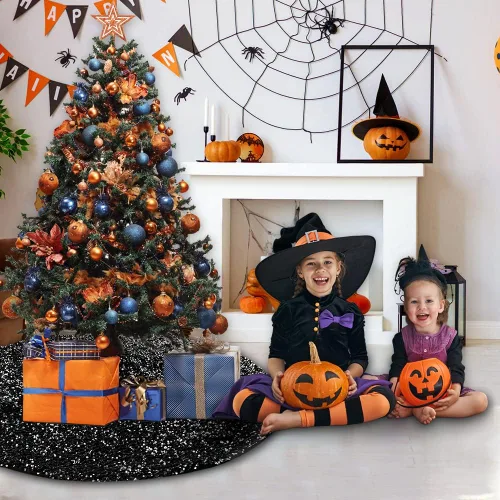 Vista 6 de XIMISHOP Falda de árbol de lentejuelas de 48 pulgadas, falda de árbol negra plateada con purpurina para decoración de árbol de Navidad, Halloween