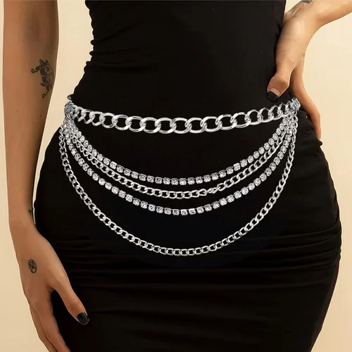 Vista 2 de Suyi Cinturón de cadena multicapa Cinturones de cadena de metal con diamantes de imitación para mujer Cadena de cintura dorada punk