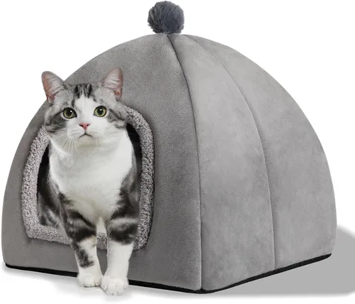Vista 9 de Cama tipo cueva para gatos de interior, cama de tienda de campaña para gatos con almohada acolchada extraíble lavable, camas para gatitos 2 en 1