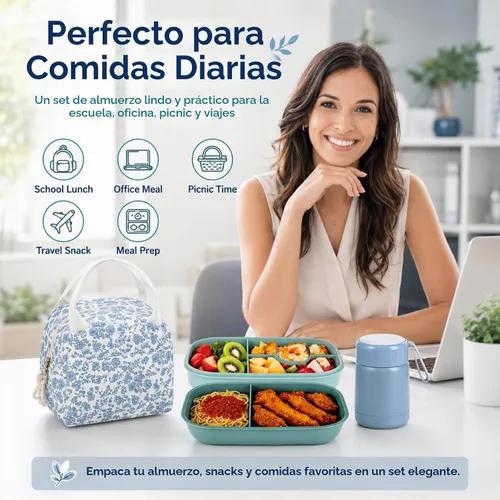 Vista 2 de Juego de lonchera Bento para mujer, con termo de sopa de 12 onzas, con recipientes de alimentos a prueba de fugas, bolsa de almuerzo aislada