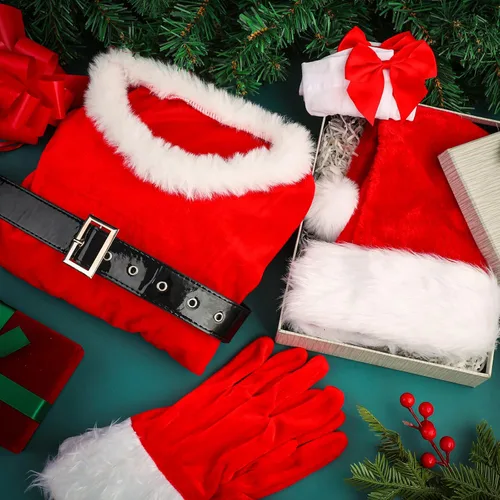 Vista 4 de Janmercy Conjunto de disfraz de Papá Noel, trajes de Navidad con vestido de terciopelocapa, medias altas hasta el muslo, guantes y sombrero de Santa