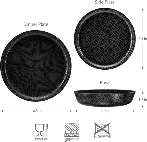 Vista 5 de bzyoo Juego de vajilla de melamina de 12 piezas - Platos y tazones negros duraderos aptos para lavavajillas - Juego de vajilla para cenas casuales