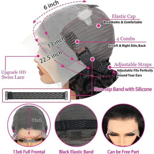 Vista 4 de Pelucas de cabello humano de 22 pulgadas con encaje frontal de 13 x 6 pulgadas, densidad del 200 %, ondas profundas HD, transparente, encaje
