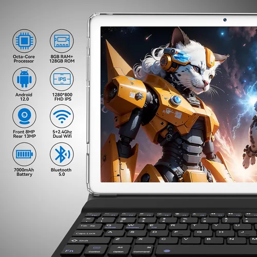 Vista 2 de Tablet 2 en 1 con teclado, 2025 últimas tabletas Android 4+4+128GB ROM, tableta de 10 pulgadas con chip octa-core compatible con WiFi de 5+2.4 GHz
