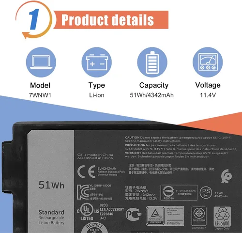 Vista 2 de ASODI 7WNW1 - Batería para portátil compatible con Dell Latitude 5420 5424 Rugged 7424 Extreme P137G P85G P86G P137G001 P137G002 P85G001 P86G001