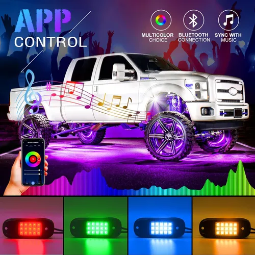 Vista 2 de SHINIGHT Luces LED de roca para camiones, kit de 6 cápsulas de luces para Jeep, kit de iluminación exterior con control de aplicación, modo