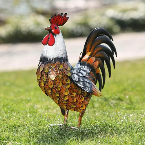 Vista 2 de Estatuas y escultura de gallo de jardín de Kircust, arte de patio de animal de metal pollo adorno de césped figuras obra de arte para decoración al
