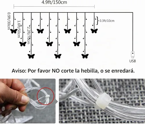 Vista 3 de Luces de Cortina de Mariposas, 4.9 pies, 48 Luces de Hadas LED USB para Ventana, 10 Mariposas, 8 Modos, Luces de Cadena con Parpadeo de Luciérnaga