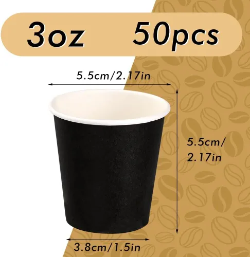 Vista 2 de Wuadua Paquete de 50 vasos de papel espresso negro de 3 onzas, resistentes y a prueba de fugas para fiestas, eventos, oficina, uso doméstico, vasos
