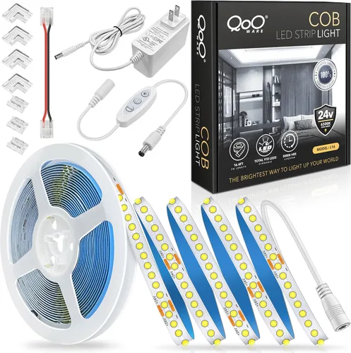 Vista 10 de Tira de luces LED COB blancas, 16.4 pies, regulable, 4000 K, blanco natural, 910 LED de 24 V, luces LED flexibles para dormitorio, cocina, luces