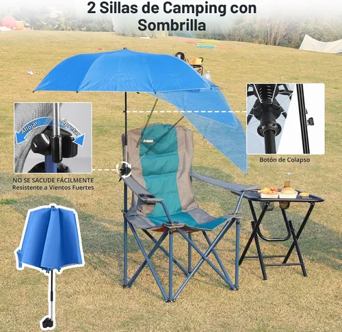 Vista 6 de Paquete de 2 sillas de camping con paraguas ajustable, silla de césped plegable con respaldo de bandera estadounidense, silla de camping acolchada
