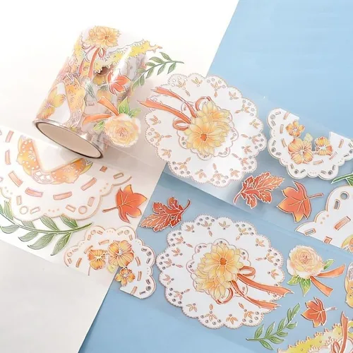 Vista 7 de Cinta washi de rosa para collage original de flores, creatividad, hecha a mano, para libro de diario, material PET con efecto láser (90387)